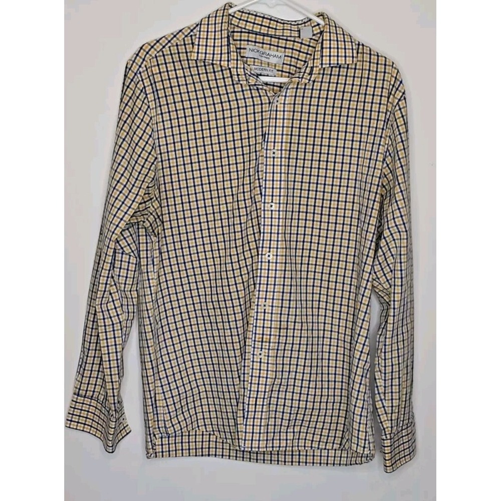 Nick Graham Shirt Mens L Dad Madras Plaid Blue Yellow White Preppy Cotton Blend